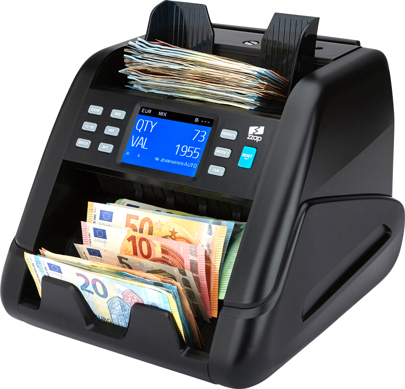 ZZap NC55 Compteur de valeur - compteur d'argent - détecteur de faux billets a Comptage de la valeur des billets mixtes EUR, USD, GBP, CAD, MXN, PLN et jusqu'à 9 autres